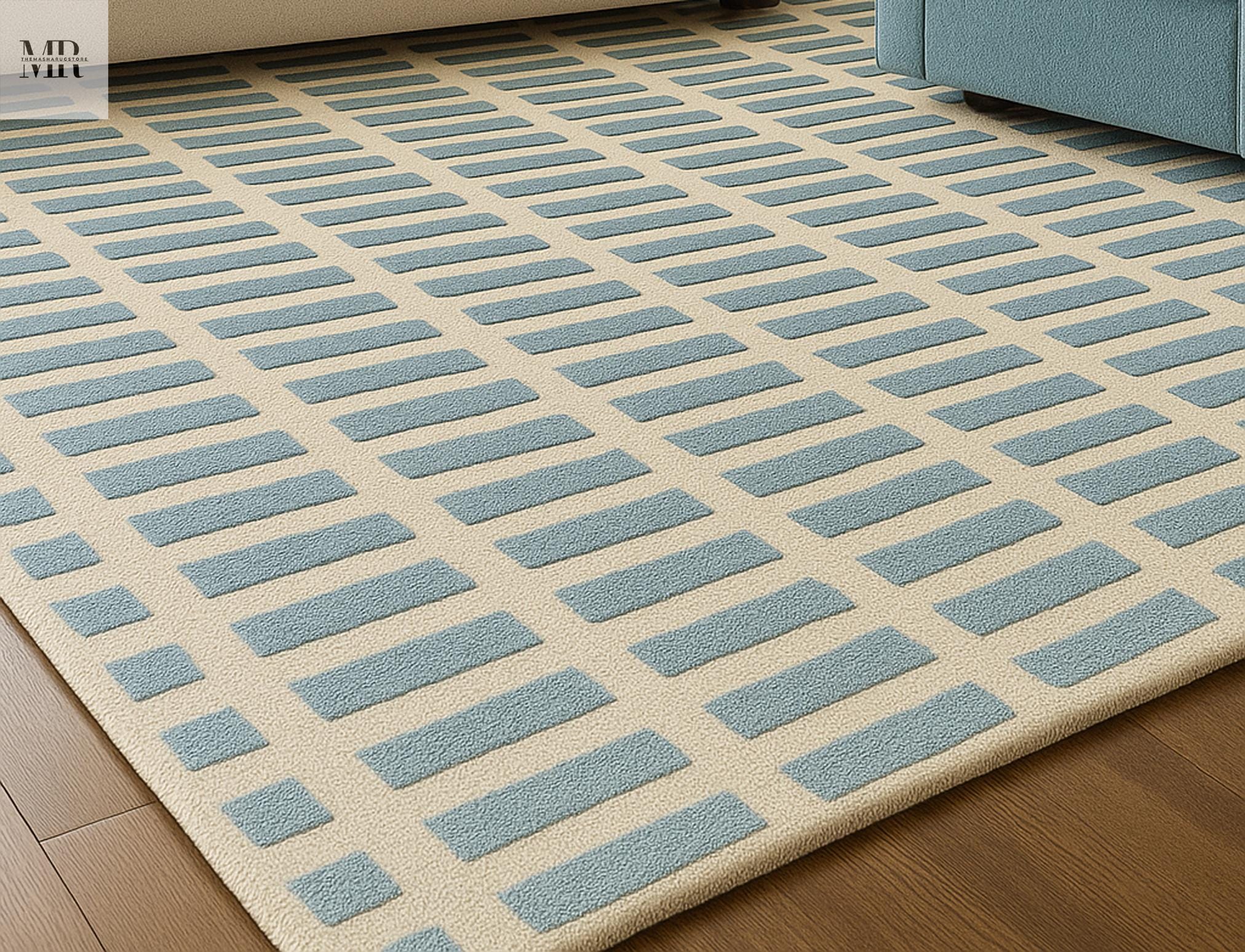 Geometric Light Blue Rectangle Rug, Hand Tufted | Minimalist Beige Area ...