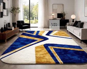 Hand Tufted Wool Area Rug, Blue Gold Geometric Abstract Carpet, Custom Size Rug