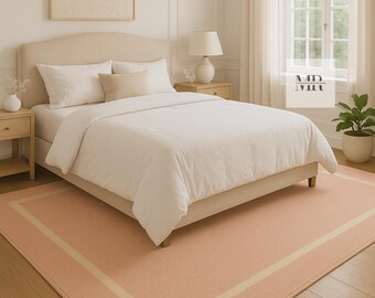 Hand Tufted Wool Area Rug, Pink Beige Border, Minimalist Decor Custom Size Bedroom Rug