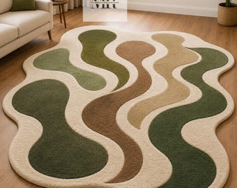 Hand-Tufted Wool Area Rug, Irregular Shape, Sage Green Beige For Living Room Decor