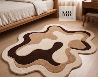 Alfombra de lana tejida a mano, forma orgánica abstracta irregular, decoración escandinava moderna.
