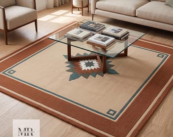 Hand Tufted Wool Area Rug, Aztec Geometric Terracotta Beige Boho Carpet