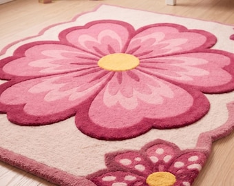Hand Tufted Wool Flower Rug, Retro Daisy Carpet, Boho Nursery Decor, Custom Size Rug