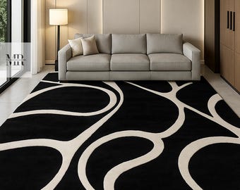 Hand Tufted Wool Area Rug, Black and White For Living Room Decor, Custom Size