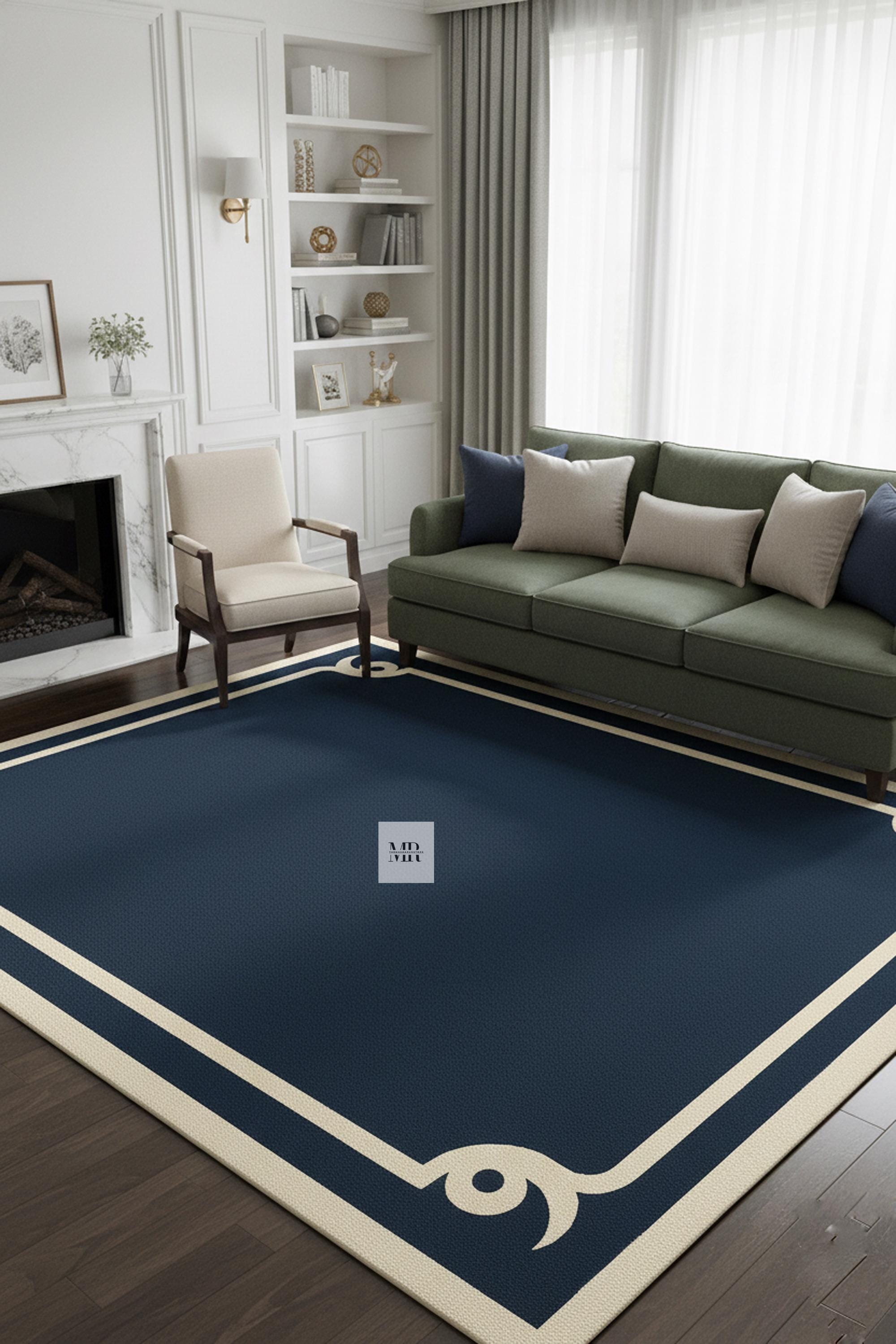 Luxury Navy Blue Bordered Rug With Beige Edges | Elegant Modern