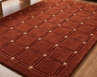 Hand Tufted Wool Rug, Rust Brown Geometric Grid, Modern Terracotta Area Carpet, Custom Size
