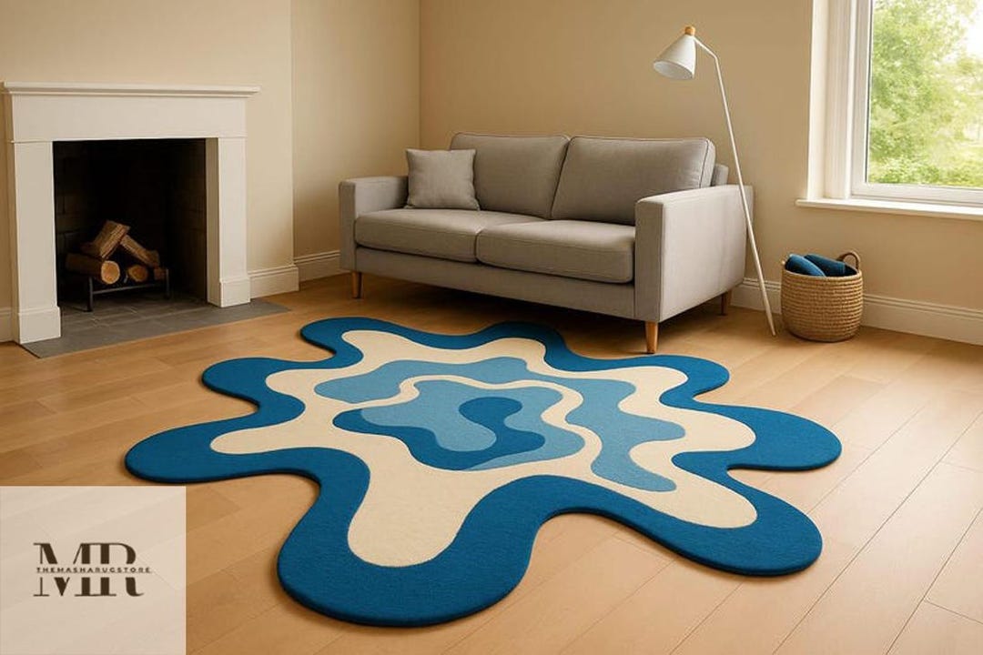 Wavy Abstract Wool Area Rug: Blue & Cream Irregular Accent Carpet - Etsy