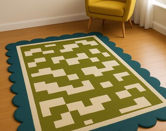 Alfombra geométrica verde beige con borde festoneado, diseño contemporáneo de cuadros para sala de estar y dormitorio.