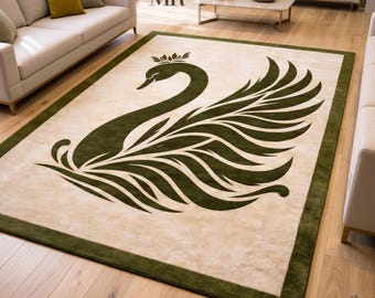 Hand Tufted Wool Swan Area Rug, Elegant Nature Inspired Carpet, Luxury Home Decor