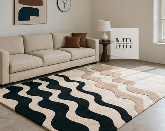 Hand Tufted Abstract Striped Wool Rug: Black and Beige Carpet For Bedroom Decor