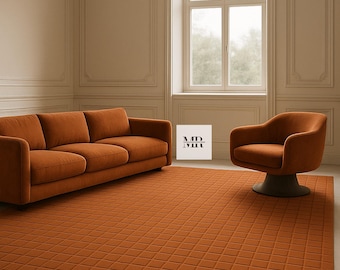 Hand Tufted Wool Rug – Brunt Orange Geometric Grid Carpet,  Custom Size Bedroom Rug