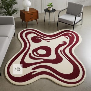 Modern Abstract Wavy Area Rug – Red and Cream Irregular Shape Carpet, Contemporary Accent Rug for Living Room, Bedroom, Home Decor..