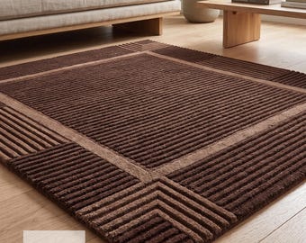 Hand Tufted Wool Area Rug, Geometric Ribbed Chocolate Brown, Modern Living Room Decor