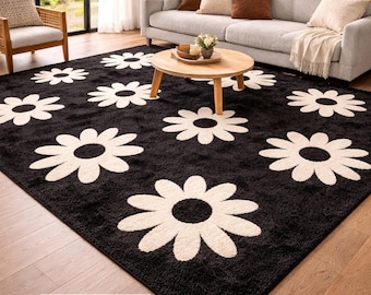 Hand Tufted Wool Daisy Flower Rug, Botanical Living Room Carpet, Modern Bedroom Decor