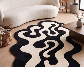 Hand Tufted Wool Area Rug, Abstract Black White Organic Shape Carpet, Living Room Decor