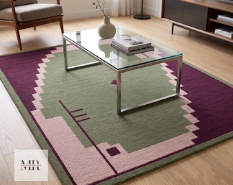 Hand Tufted Wool Rug, Sage Green Abstract Geometric Carpet, Modern Living Room Area Rug