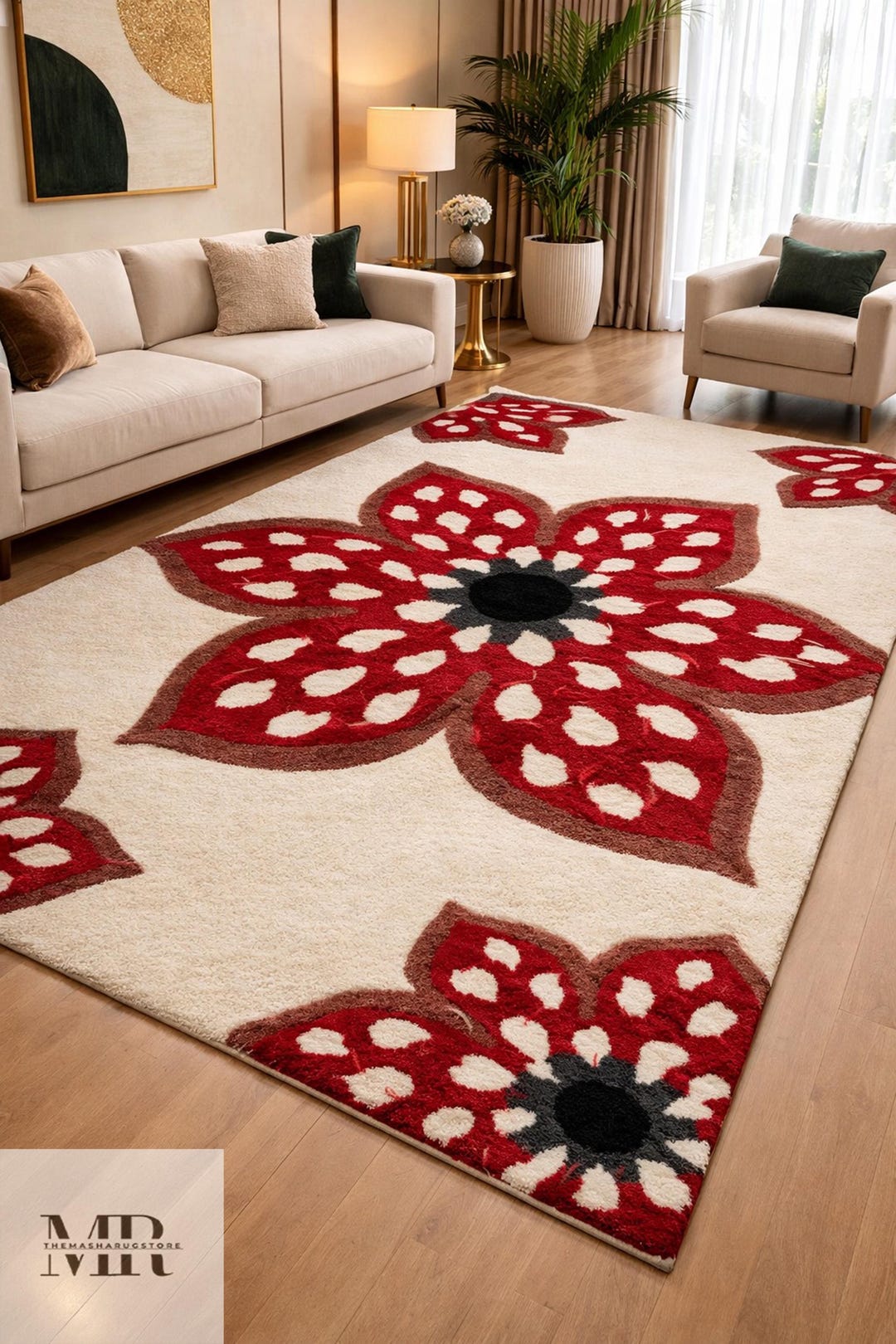 Red Floral Area Rug, Large Flower Tufted Rug, Bold Statement Carpet ...