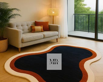 Modern Abstract Wavy Area Rug | Black, Orange & Beige Retro Shape Carpet | Unique Curvy Floor Decor for Living Room | Soft Contemporary Rug