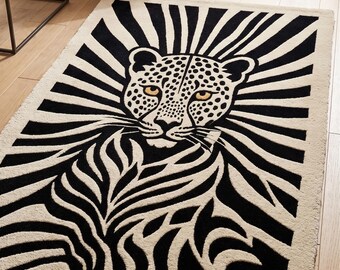 Tapete de lã tufado à mão com estampa de leopardo, tapete safari preto e branco com chita, decoração moderna para casa com tema de vida selvagem.