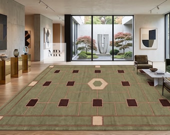 Hand Tufted Wool Rug, Sage Green Geometric Art Deco Carpet, Contemporary Living Room