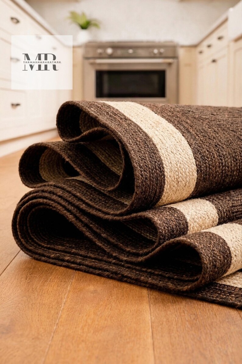 Jute Area Rug, Dark Brown Beige Border Rug, Natural Fiber Farmhouse Rug ...