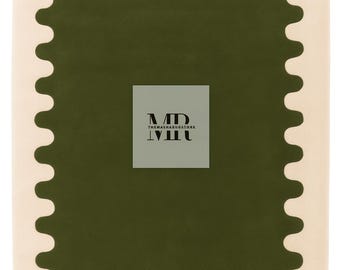 Hand Tufted Wool Area Rug, Olive Green Scalloped Border, Custom Size, Living Room Decor