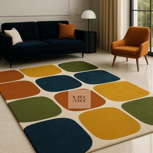 Mid-Century Modern Geometric Area Rug – Retro Color Block Design in Mustard, Teal, Olive and Rust – Living Room & Office Decor