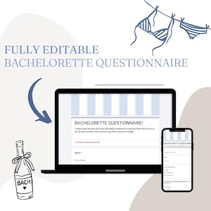 Puede incluir: Una plantilla digital de cuestionario para despedida de soltera mostrada en una pantalla de portátil y smartphone. El diseño presenta rayas azules y blancas, con el texto FULLY EDITABLE BACHELORETTE QUESTIONNAIRE, acompañado de dibujos lineales de un bikini y una botella.