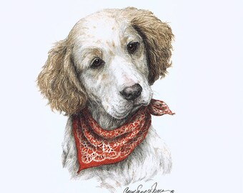 Könnte beinhalten: Ein weißer und brauner Hund mit einem roten Bandana um den Hals. Der Hund schaut nach links im Bild. Der Name des Hundes ist "Ranger" und der Name des Künstlers ist "Cary Savage-Ingram".