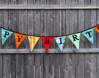 Happy Birthday Party Fabric Bunting - Reusable, and Reversible!