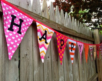 Happy Birthday Party Fabric Bunting / Banner - Pink and orange