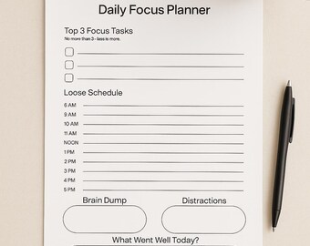 Printable Daily Focus Planner | ADHD Productivity Planner | Time Blocking & To-Do List | Digital Download PDF