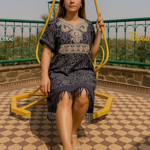 Purple Moroccan Caftan: Gold Embroidery, Boho Tassels, Handmade Kaftan