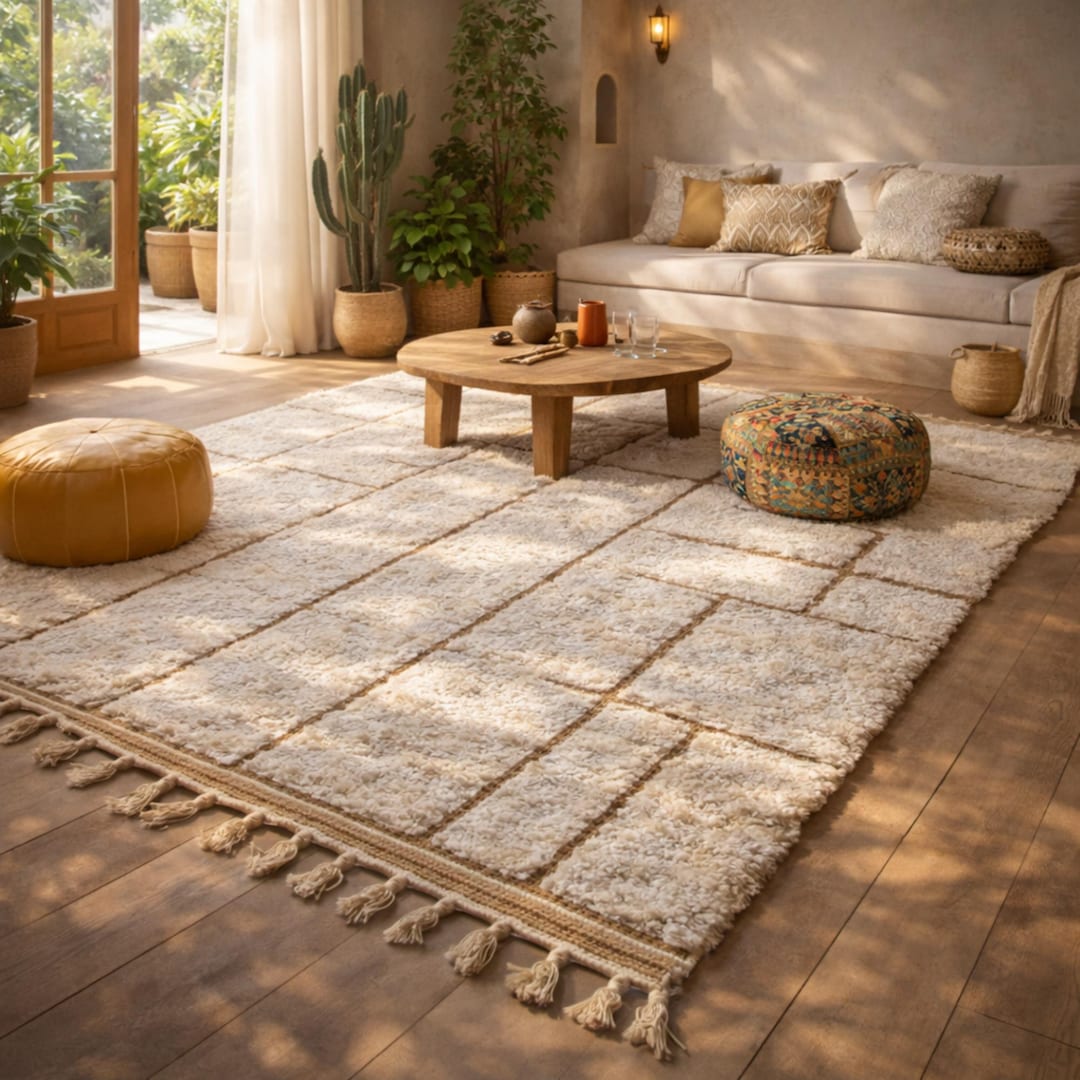 Moroccan Rug 8x10 – Ivory Berber Rug – Wool – Minimalist Grid Style – Living Room Carpet - 4x7 ft = 122x217 cm