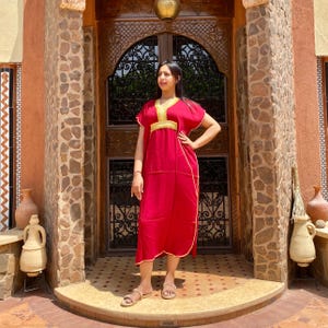 Red Moroccan Cotton Caftan: Handmade Gold Trim Lounge Dress