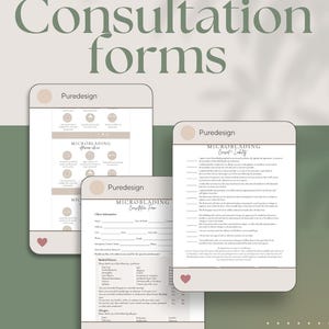 Puede incluir: Tres formularios de consulta de microblading con el texto "Consultation forms" en la parte superior. Los formularios son blancos con un borde beige y presentan el logotipo "Puredesign". Los formularios incluyen secciones para la información del cliente y el historial médico.