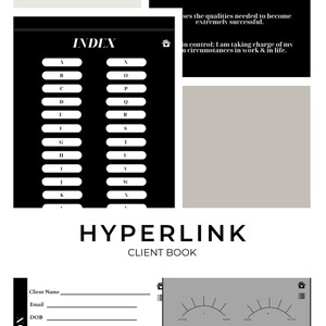 Puede incluir: Un libro de clientes en blanco y negro con el texto "LASH CEO Affirmations" y "HYPERLINK CLIENT BOOK". El libro incluye secciones para información del cliente, historial médico y detalles del servicio de pestañas.