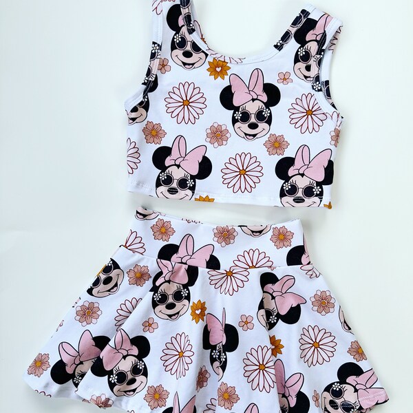 Baby Toddler Girls pink mouse Crop Top and Peplum Skirt Outfit, Two Piece Outfit, Toddler Crop Top, Girls Outfit, Baby Crop Top