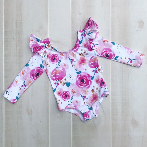 Baby Toddler Girls hot pink floral long sleeve leotard Gymnastic Ballet Leotard flutter sleeves