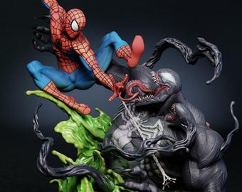 Spider-Man vs Venom Diorama | Hand-Painted Marvel Statue | Battle Scene Collectible