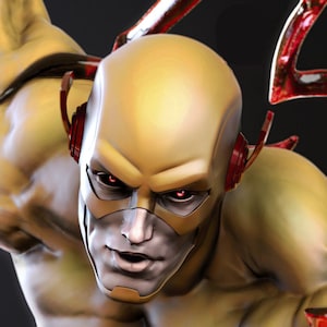 May include: A close-up of a superhero figure with a yellow and gold suit and mask. The figure has red eyes and red accents on the head and shoulders. The character is looking forward with a determined expression.