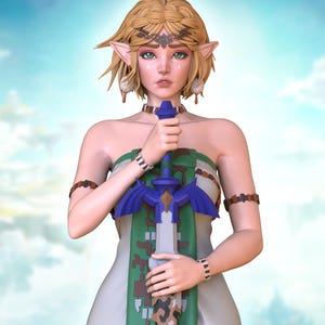 Könnte beinhalten: Eine 3D-gerenderte Figur eines Charakters aus einem Fantasy-Videospiel, die ein blaues und silbernes Schwert hält. Die Figur trägt ein weißes und grünes Kleid mit blonden Haaren und spitzen Ohren. Der Hintergrund ist ein hellblauer Himmel mit Wolken.