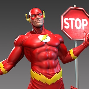Puede incluir: Figura de superhéroe roja y amarilla con un emblema de rayo en el pecho. La figura sostiene una señal de stop roja con texto blanco. El superhéroe lleva una máscara roja y tiene detalles amarillos en forma de rayo.