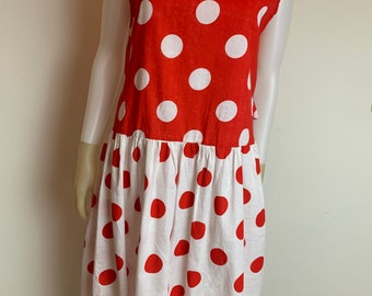 Women's Vintage 1980's Red & White Sleeveless Polka Dot Dress, Size L