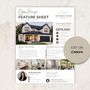 May include: Real estate feature sheet with a photo of a modern white house. The sheet includes details like price, bedrooms, and bathrooms, along with the text "Open House Feature Sheet" and "Edit on Canva."