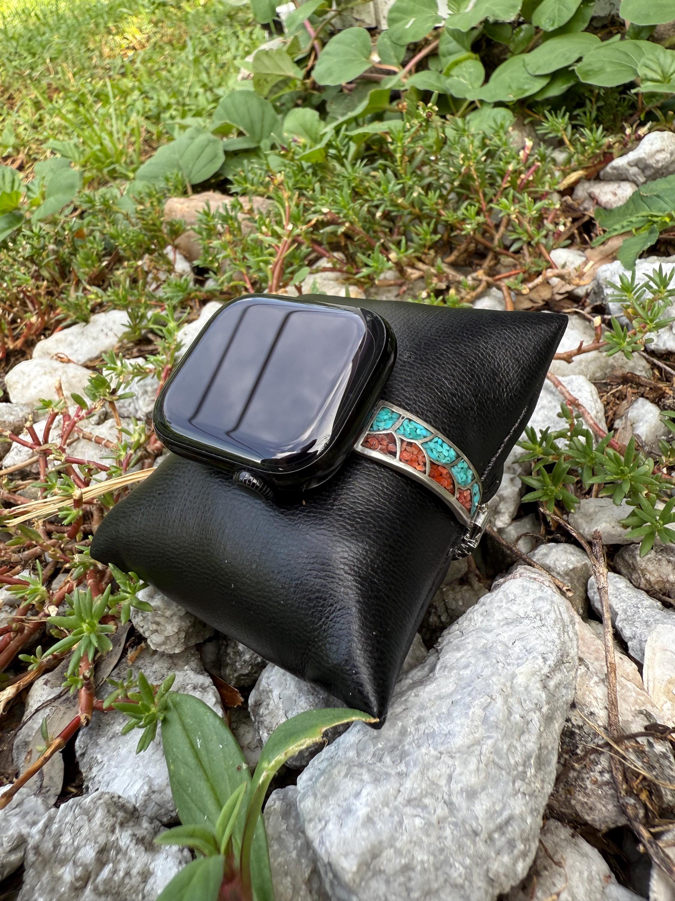 Authentic Native-Made Sterling Silver and Crushed Turquoise and Coral Watch Band for Apple Watch - Thumbnail 2