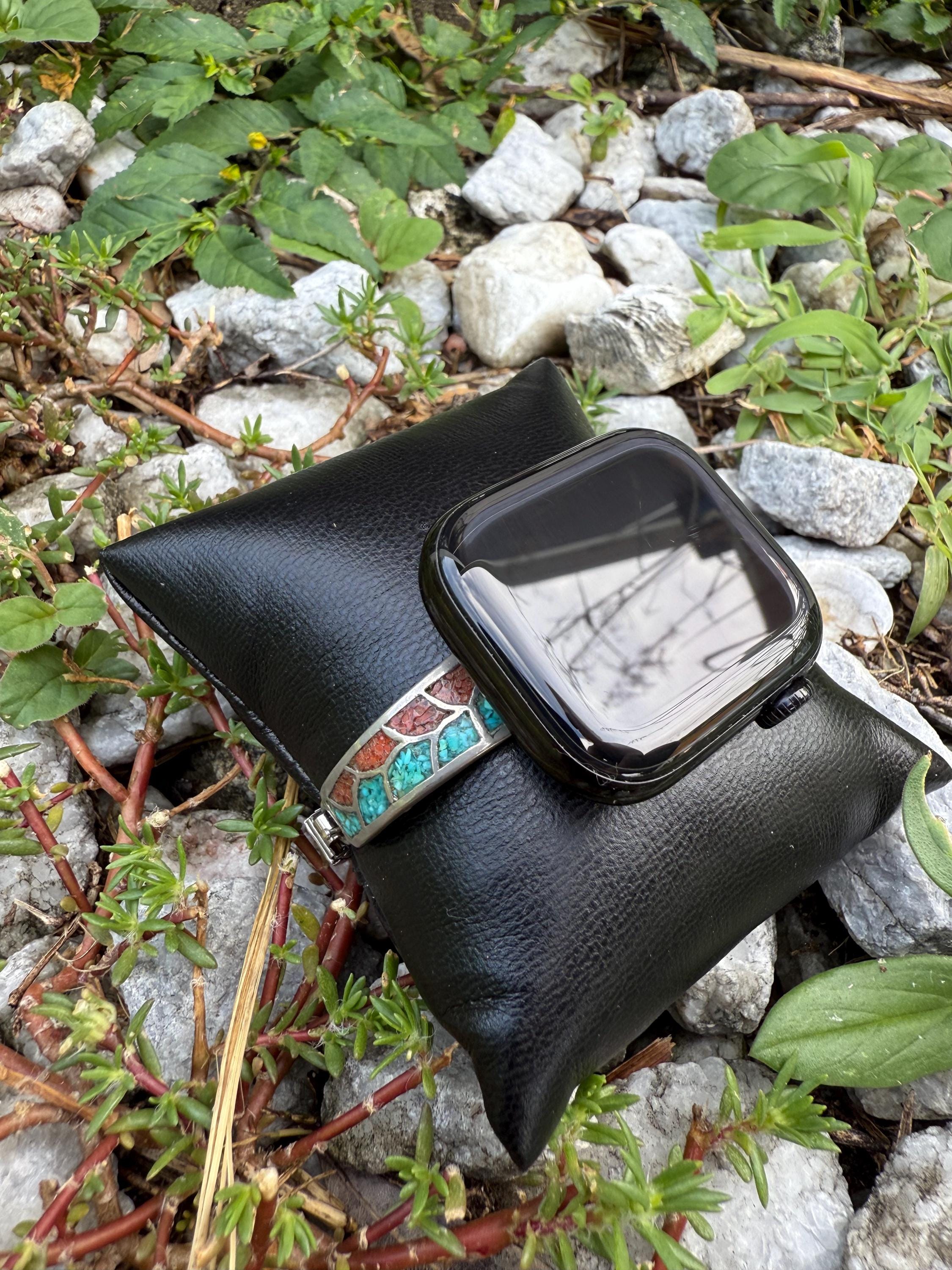 Authentic Native-Made Sterling Silver and Crushed Turquoise and Coral Watch Band for Apple Watch