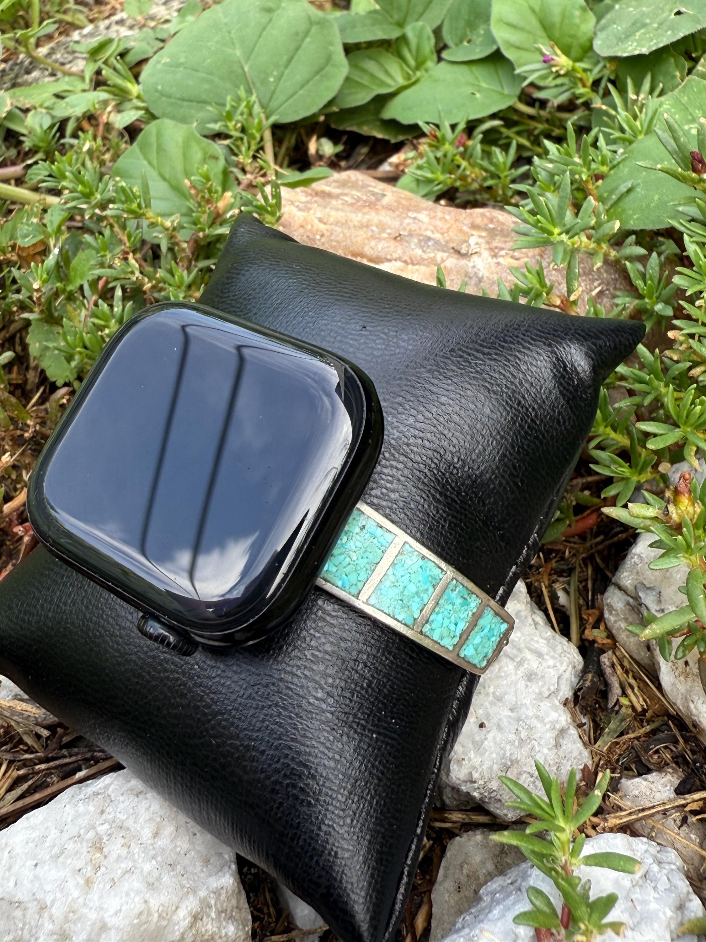 Authentic Native-Made Sterling Silver and Crushed Turquoise Watch Band for Apple Watch - Thumbnail 3