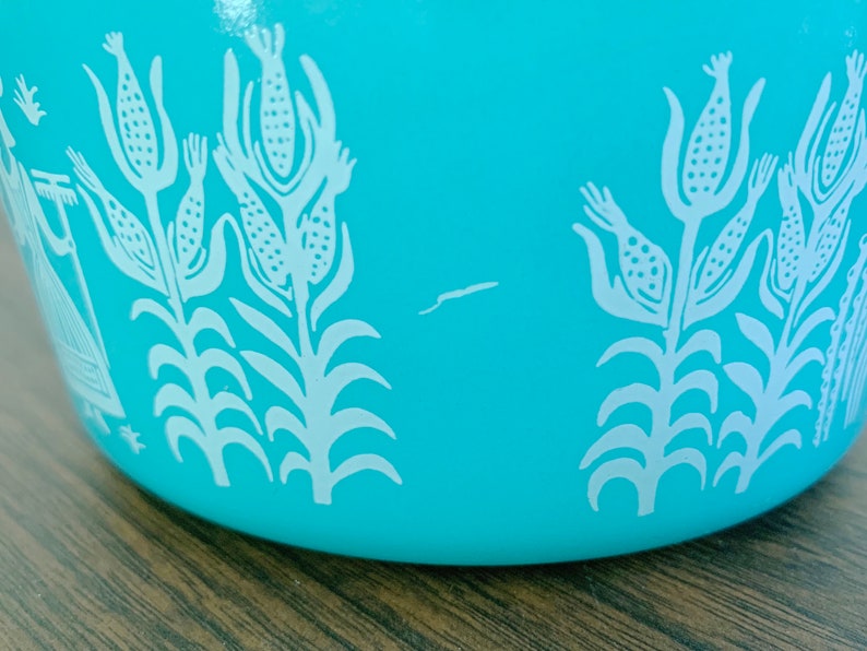 Vintage Turquoise Pyrex Cinderella Round Casserole 1 Quart Mid Century 1950s White on Turquoise 1960s Butterprint Pattern