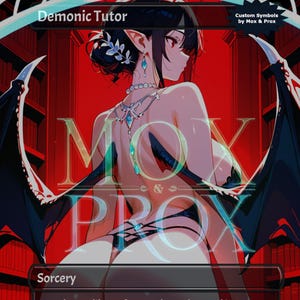 May include: An anime-style illustration of a character with dark hair, red eyes, and black wings. The image includes text that reads "Demonic Tutor", "Sorcery", and "Thanks for checking us out!" The background is red with a library theme.